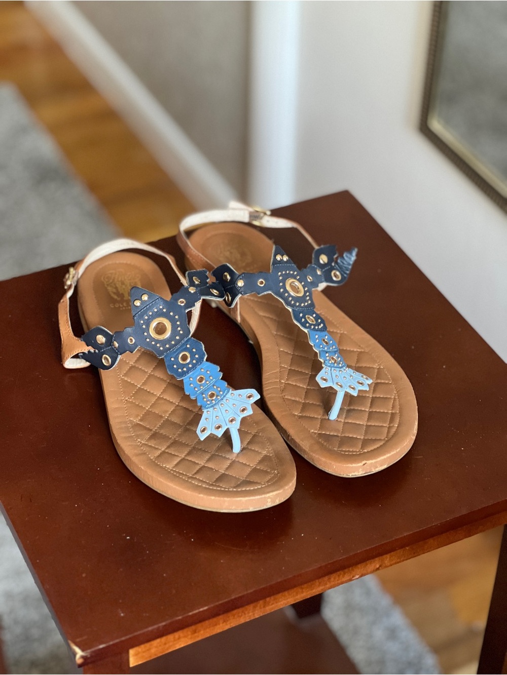 Cole Haan Navy and Light Blue Embellished T-Strap Sandals